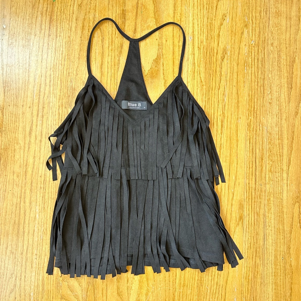 Fun suede fringe black tank top from boutique